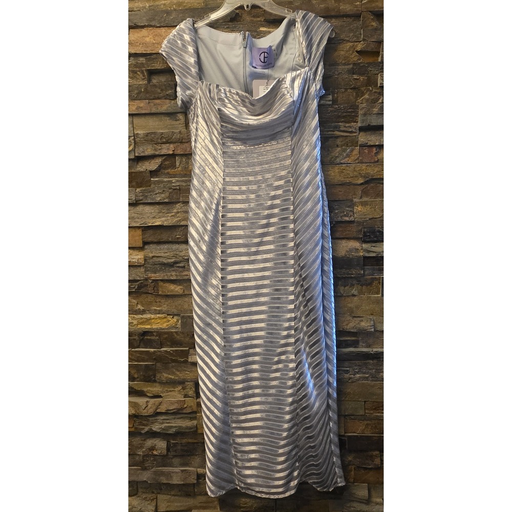 JS Collections Silver Metallic Striped Cowl Neck Gown Dress 1000SD Women's 4 NEW